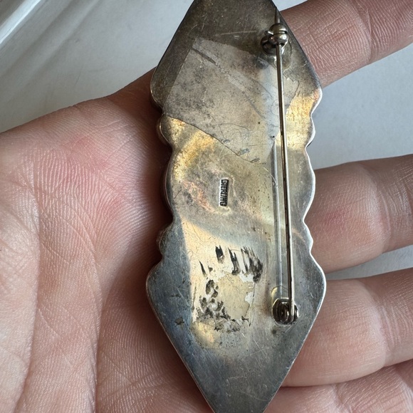 Elegant Sterling Silver Black Onyx and Green Abalone Pin brooch 22.9g - Picture 9 of 15